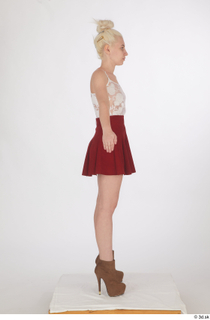  Lilly Bella brown ankle heeled boots casual dressed red short skirt standing white tank top whole body 0015.jpg